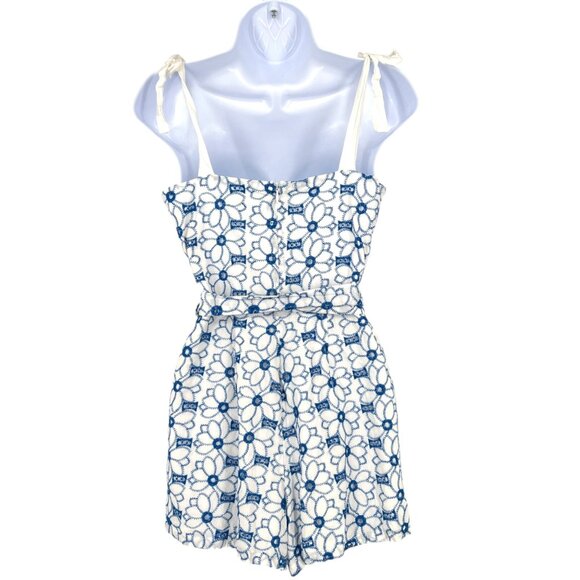 Miami Eyelet Blue White Floral Lace Tie-Strap Romper Size Medium - Picture 8 of 15